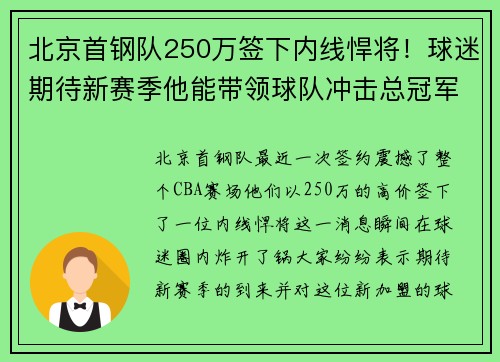 北京首钢队250万签下内线悍将！球迷期待新赛季他能带领球队冲击总冠军！