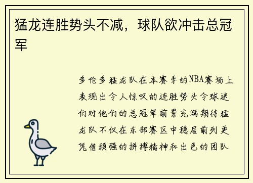 猛龙连胜势头不减，球队欲冲击总冠军
