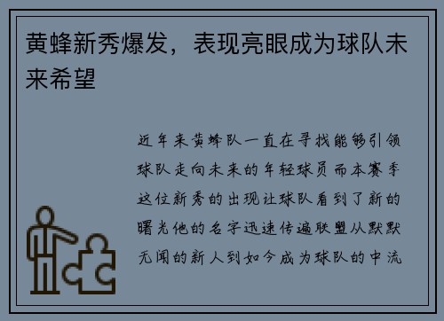 黄蜂新秀爆发，表现亮眼成为球队未来希望